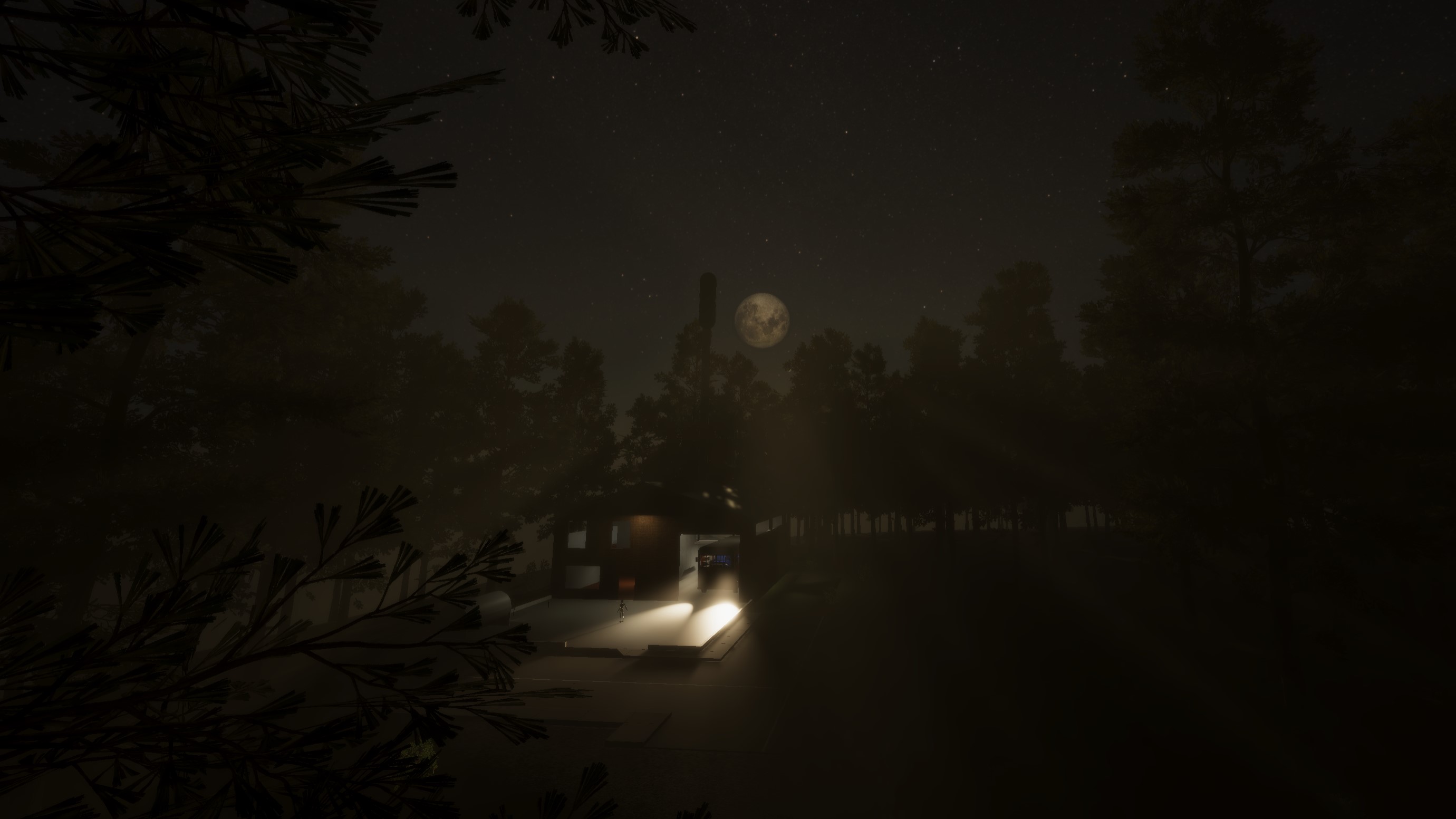 An early screenshot from Bus Game, depicting a foggy nighttime forest scene with a clearing. In the clearing stands a garage, with a bus inside.