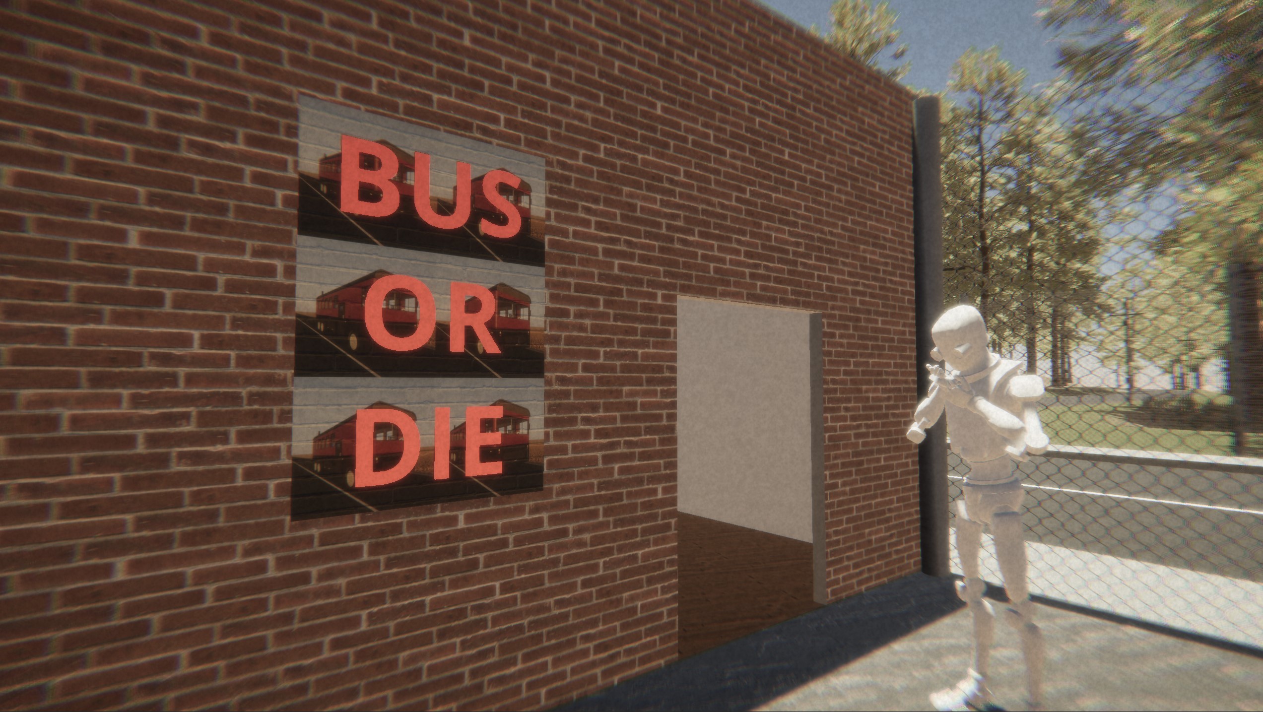 An early screenshot from Bus Game, depicting an early character model crying in front of a sign reading 'Bus or Die'